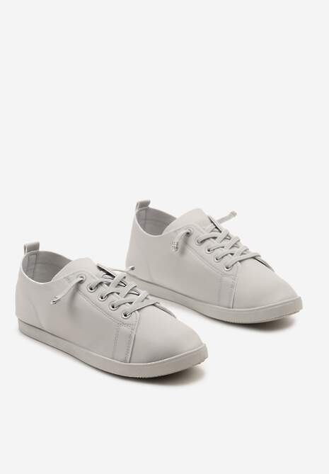 Szare Sznurowane Tenisówki z Ozdobnymi Cyrkoniami na Płaskiej Podeszwie Iiloeva