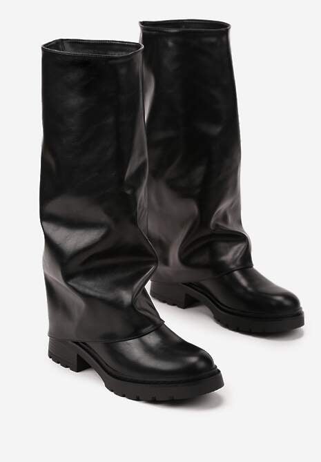 Czarne Kozaki Ozdobione Wywiniętą Marszczoną Cholewką Elffie