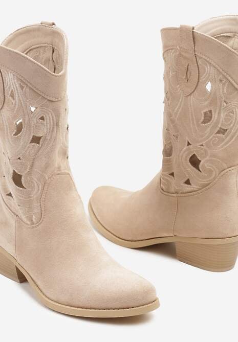 Beżowe Botki na Obcasie Typu Kowbojki z Cholewką Zdobioną Ażurowymi Wycięciami Felithiel