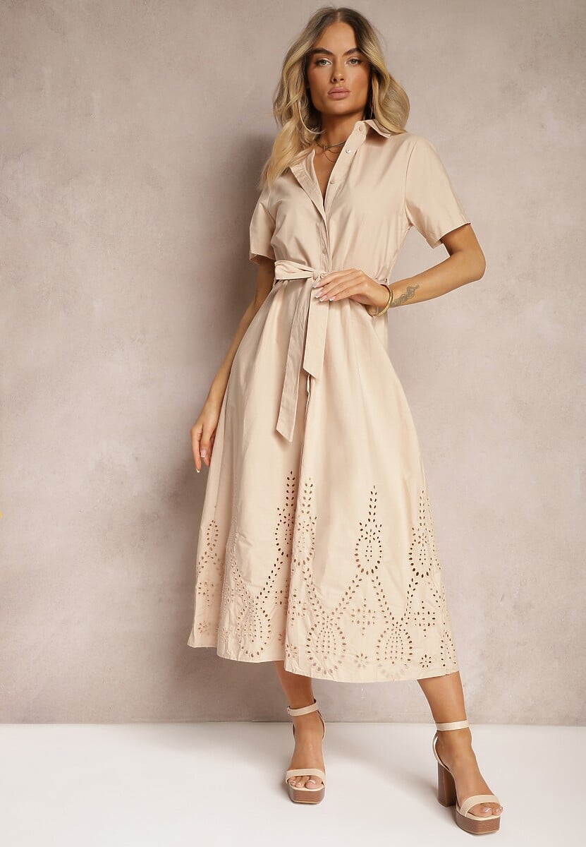 Zielona Bawełniana Sukienka o Ażurowym Wykończeniu z Paskiem w Talii Zapinana na Guziki Dimosha