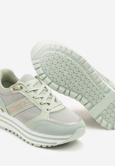 Jasnozielone Sneakersy na Niskiej Platformie z Brokatem i Metaliczną Wstawką Fennena