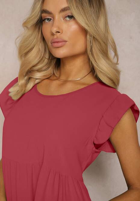 Ciemnoróżowa Sukienka z Krótkim Rękawem i Ozdobnymi Falbankami o Rozkloszowanym Kroju Vetesa