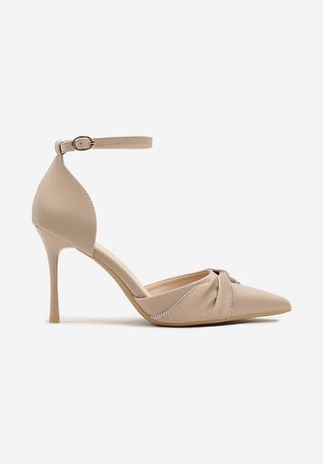 Ciemnobeżowe Szpilki ze Szpiczastym Noskiem Zdobionym Marszczeniem Zapinane na Klamerkę Zivinita