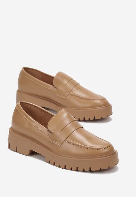 Ciemnobeżowe Mokasyny na Grubej Podeszwie z Przeszyciami Torindela