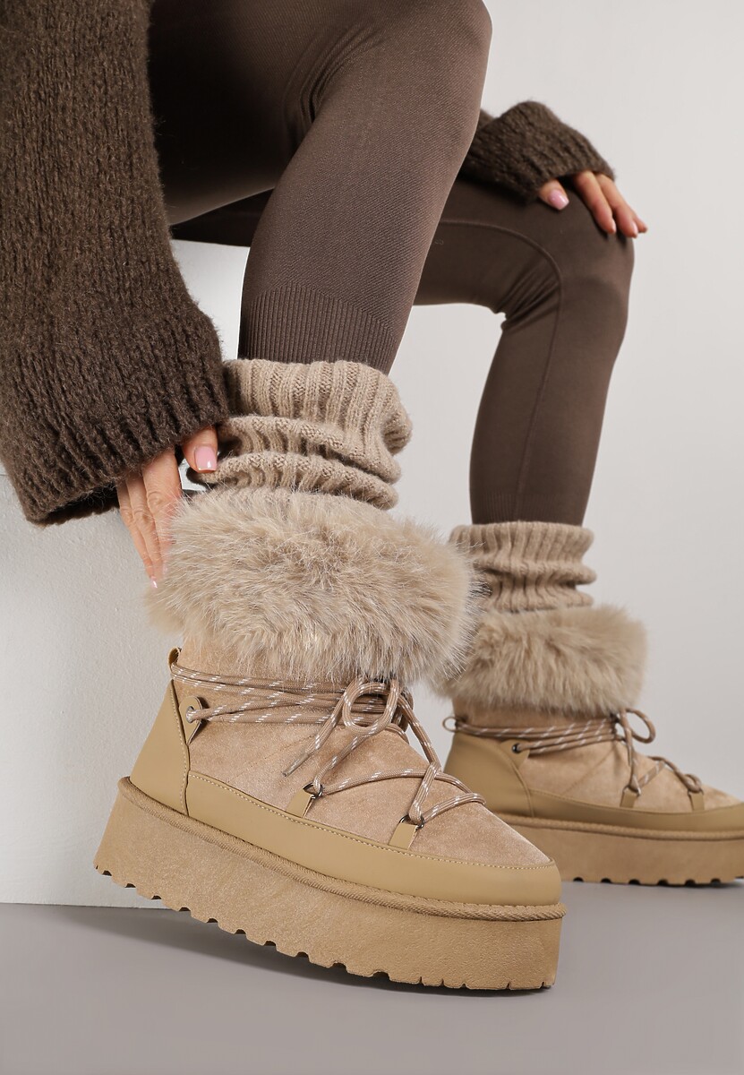 Ciemnobeżowe Śniegowce na Platformie Ozdobione Futerkiem Teswena