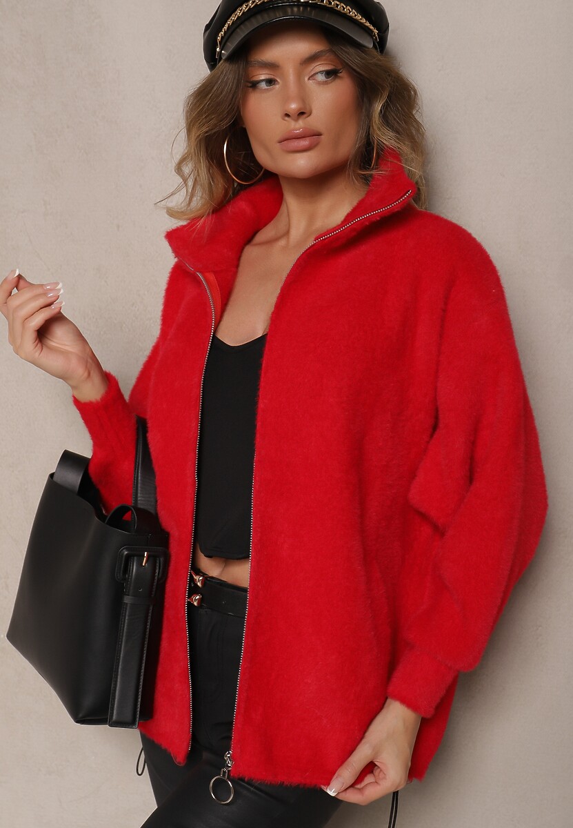 Czerwona Bluza z Wełną ze Ściągaczami i Kołnierzykiem Enadelis