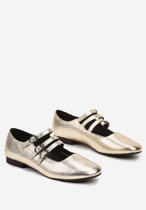 Złote Balerinki z Wkładką ze Skóry Naturalnej z Eleganckimi Paseczkami i Sprzączkami Vaivonne