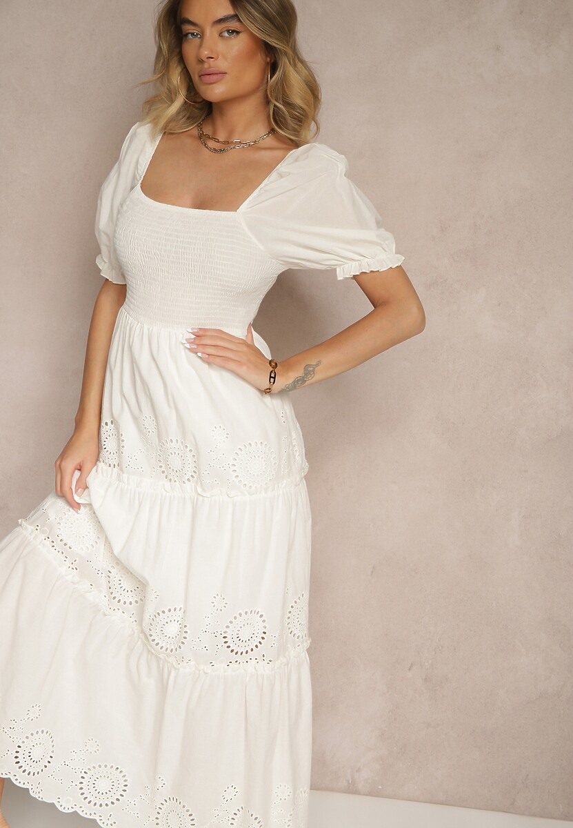 Biała Sukienka z Bawełny Ozdobiona Haftem Iffirina