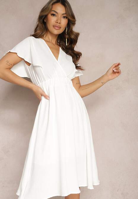 Biała Kopertowa Sukienka Midi o Rozkloszowanym Kroju Noravel