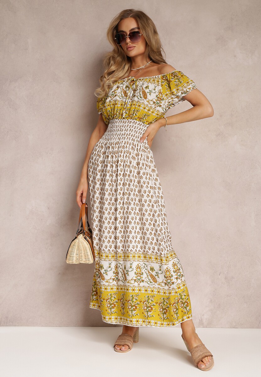 Żółta Sukienka Hiszpanka Maxi z Gumką w Pasie z Bawełny Eilena