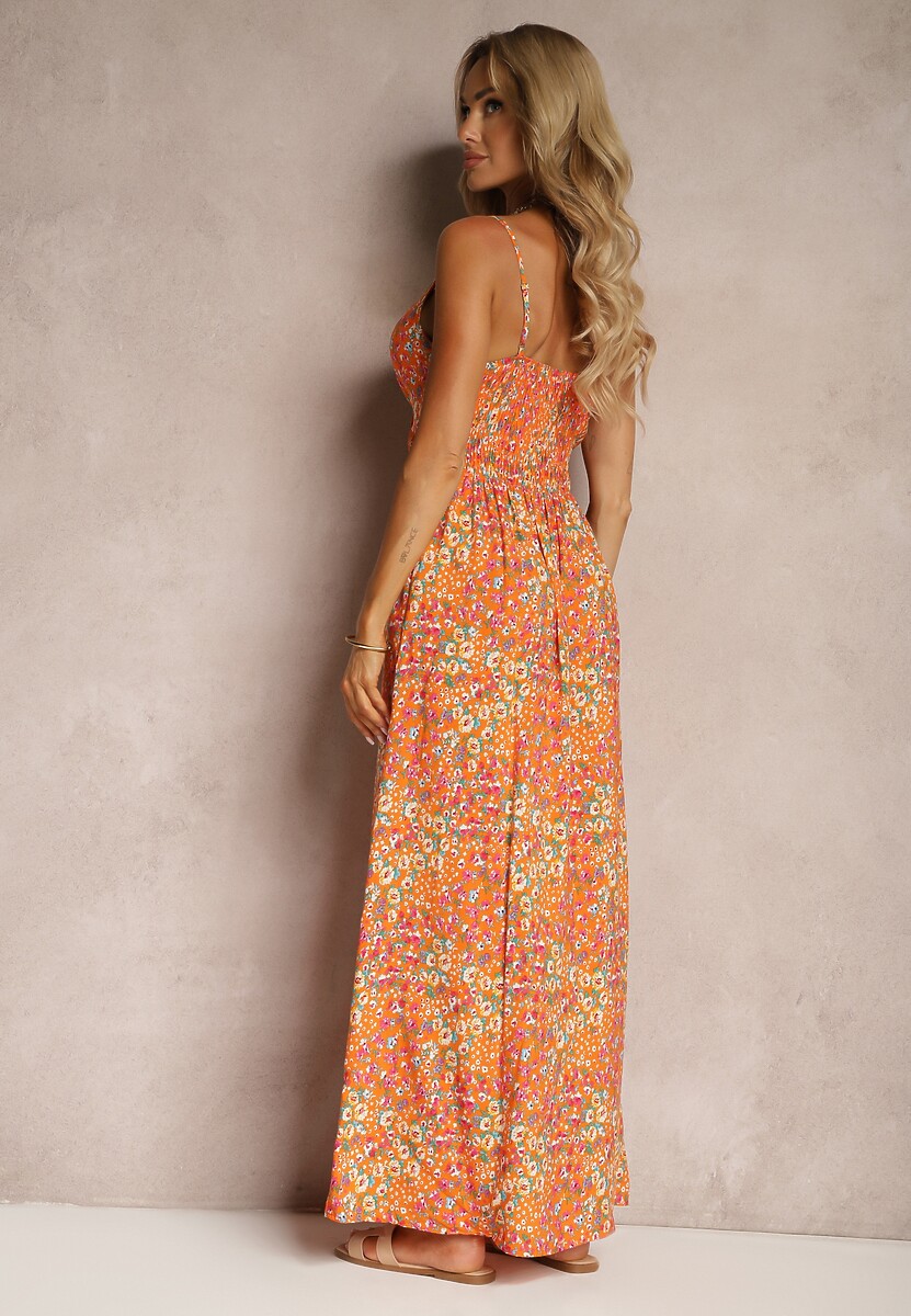 Pomarańczowa Sukienka z Wiskozy na Ramiączkach z Dekoltem w Serek Aliblea