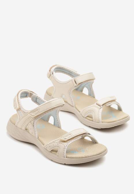 Beżowo-Niebieskie Sandały Zapinane na Rzep z Wkładką ze Skóry Naturalnej Ficara