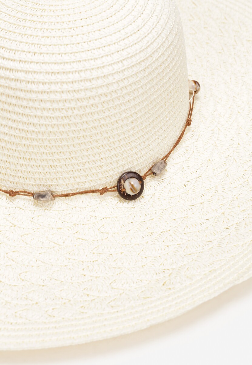 Beżowy Szeroki Kapelusz Pleciony ze Sznurkiem z Kamyczkami Chira