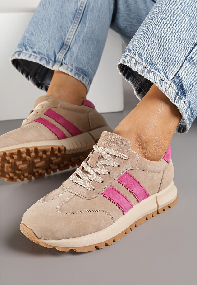Beżowo-Fuksjowe Sneakersy ze Skóry Naturalnej z Paskami Kiarre