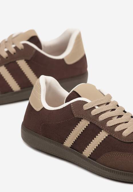 Brązowe Casualowe Sneakersy z Ekozamszu na Płaskiej Podeszwie Pemeriana