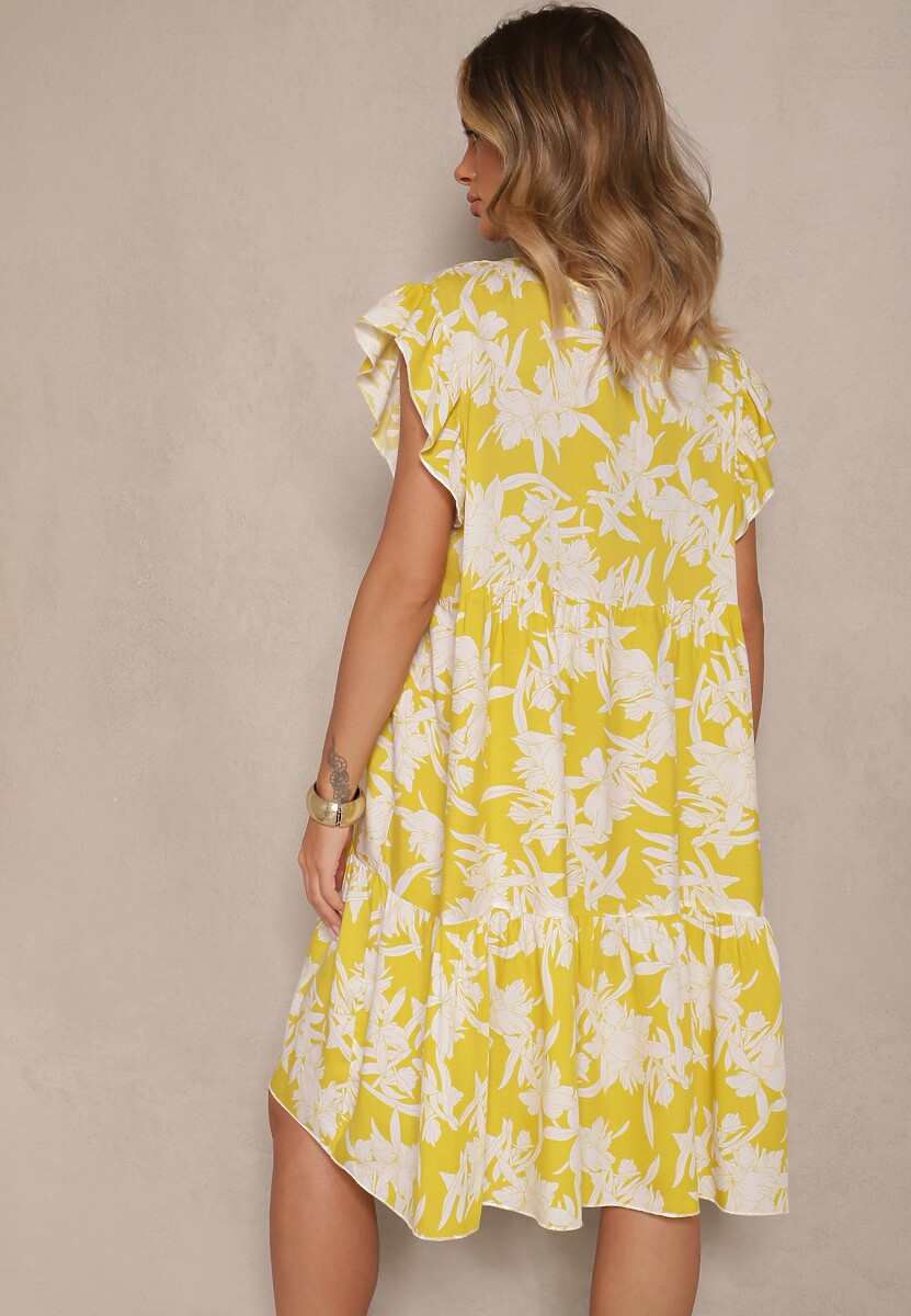 Żółta Kwiatowa Rozkloszowana Sukienka z Bawełny Liravira