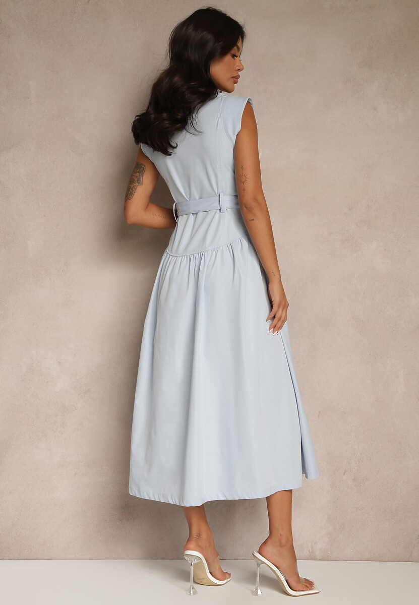 Niebieska Koszulowa Sukienka z Ozdobnym Paskiem Deviolin