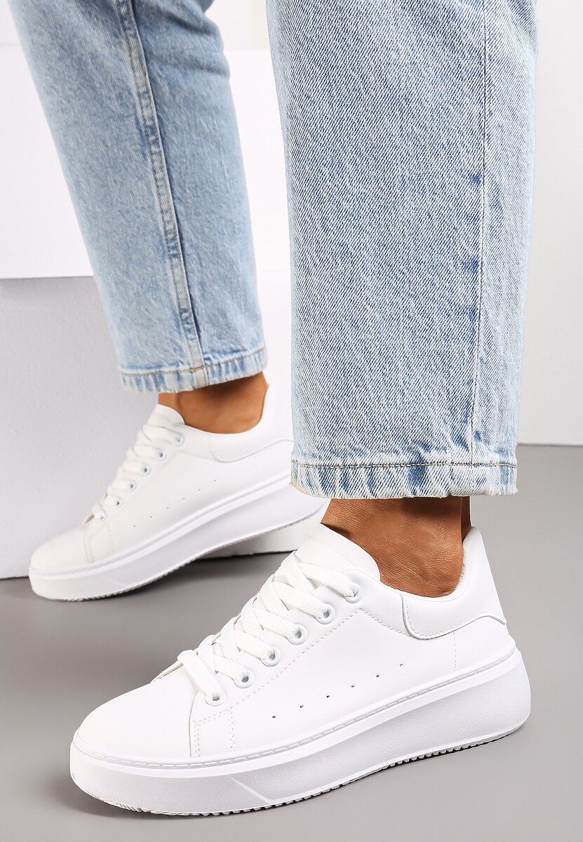 Białe Sneakersy z Ekoskóry na Grubej Podeszwie ze Sznurowaniem Serizia