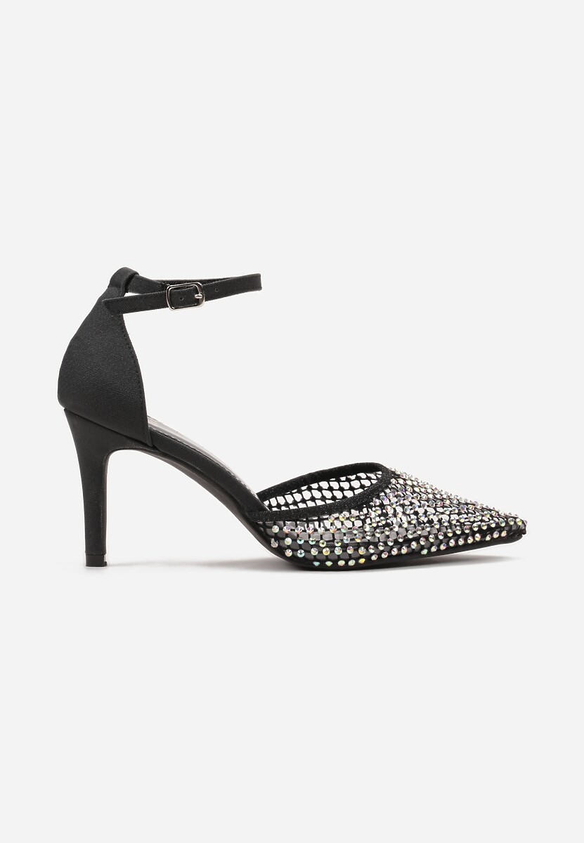 Czarne Sandały na Szpilce ze Szpiczastym Noskiem z Siateczką w Cyrkonie Lioffa