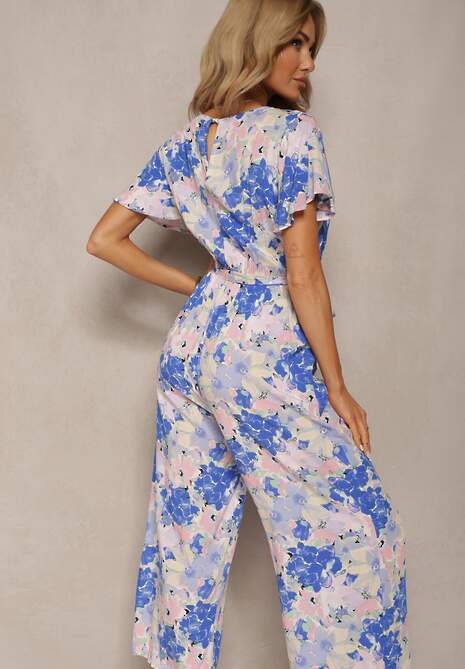 Niebiesko-Biały Wiskozowy Kombinezon z Dekoltem w Serek i Gumką w Talii Luolla