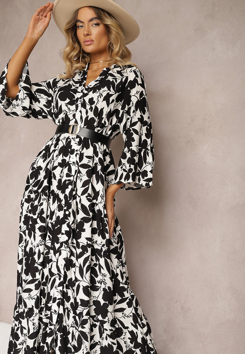 Czerwona Rozkloszowana Sukienka Maxi na Guziki z Abstrakcyjnym Wzorem Uvellia