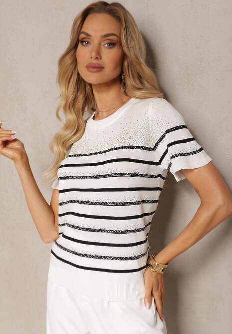 Biało-Czarny T-shirt z Wiskozy Ozdobiony Cyrkoniami w Paski Lierina