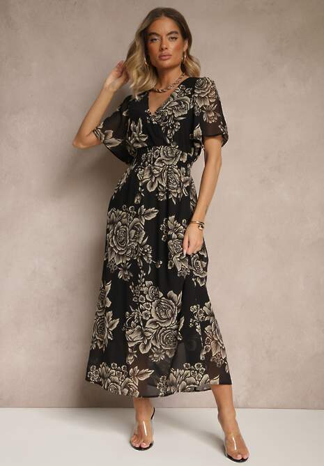 Czarna Rozkloszowana Sukienka z Wiązaniem w Kwiatowy Wzór Jeloiti