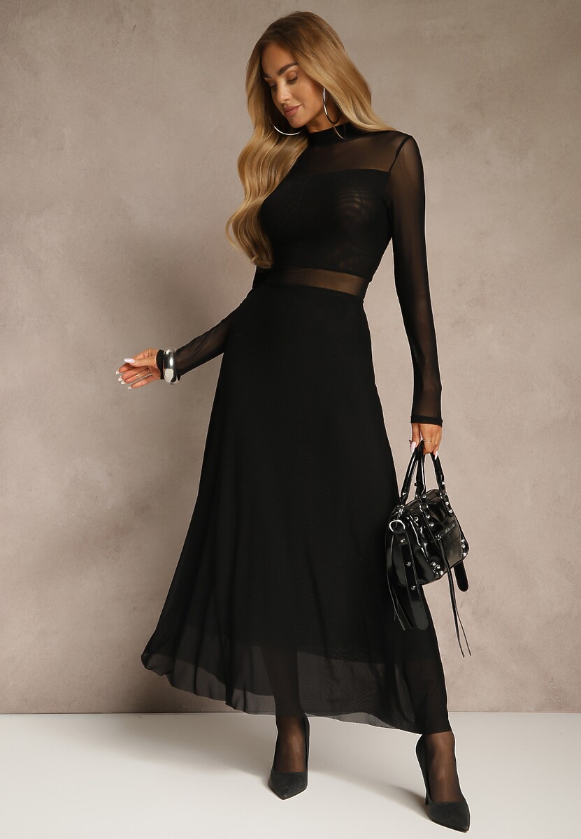 Czarna Rozkloszowana Sukienka Longsleeve z Siateczki z Dodatkiem Wiskozy Eprella