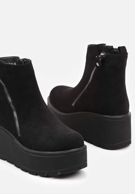Czarne Casualowe Botki na Koturnie i Platformie Wykończone Suwakiem Irilorae