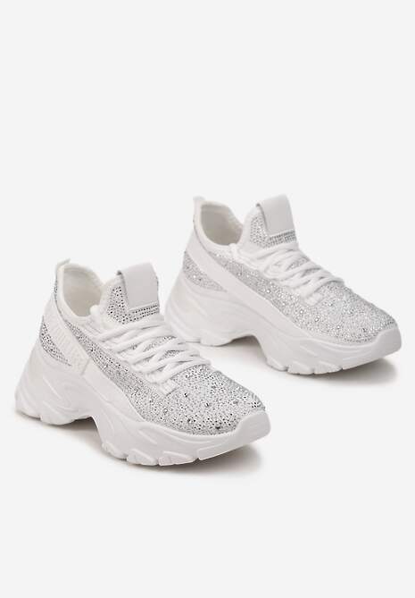 Białe Sneakersy z Błyszczącymi Cyrkonami i Napisem Halerin