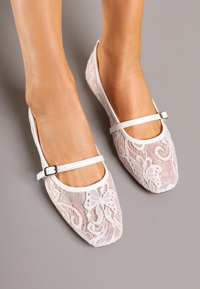 Białe Koronkowe Balerinki z Paskiem na Sprzączkę Lanaria