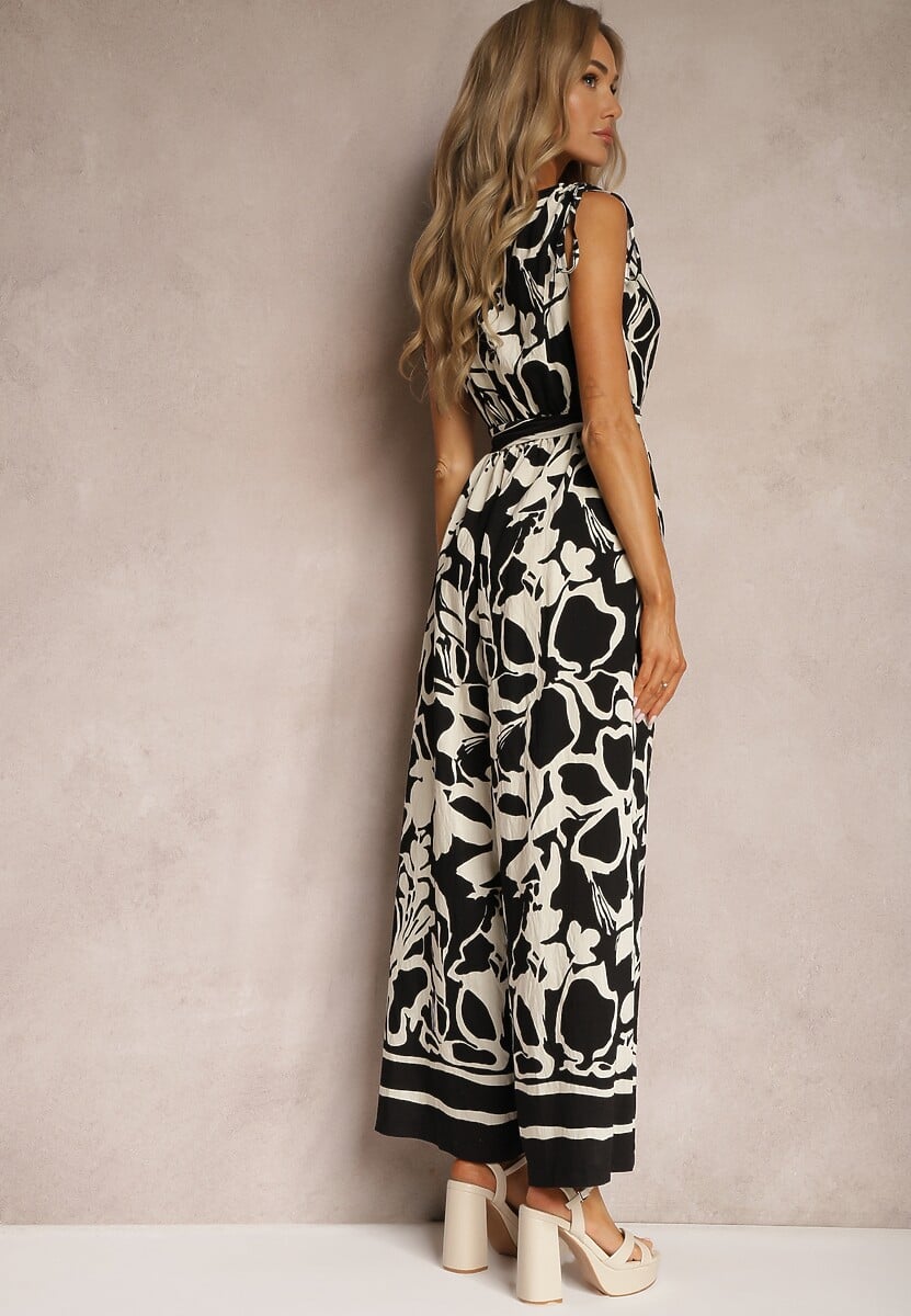 Czarno-Biały Kombinezon z Dodatkiem Wiskozy Paskiem w Talii i Kopertowym Dekoltem Paratia