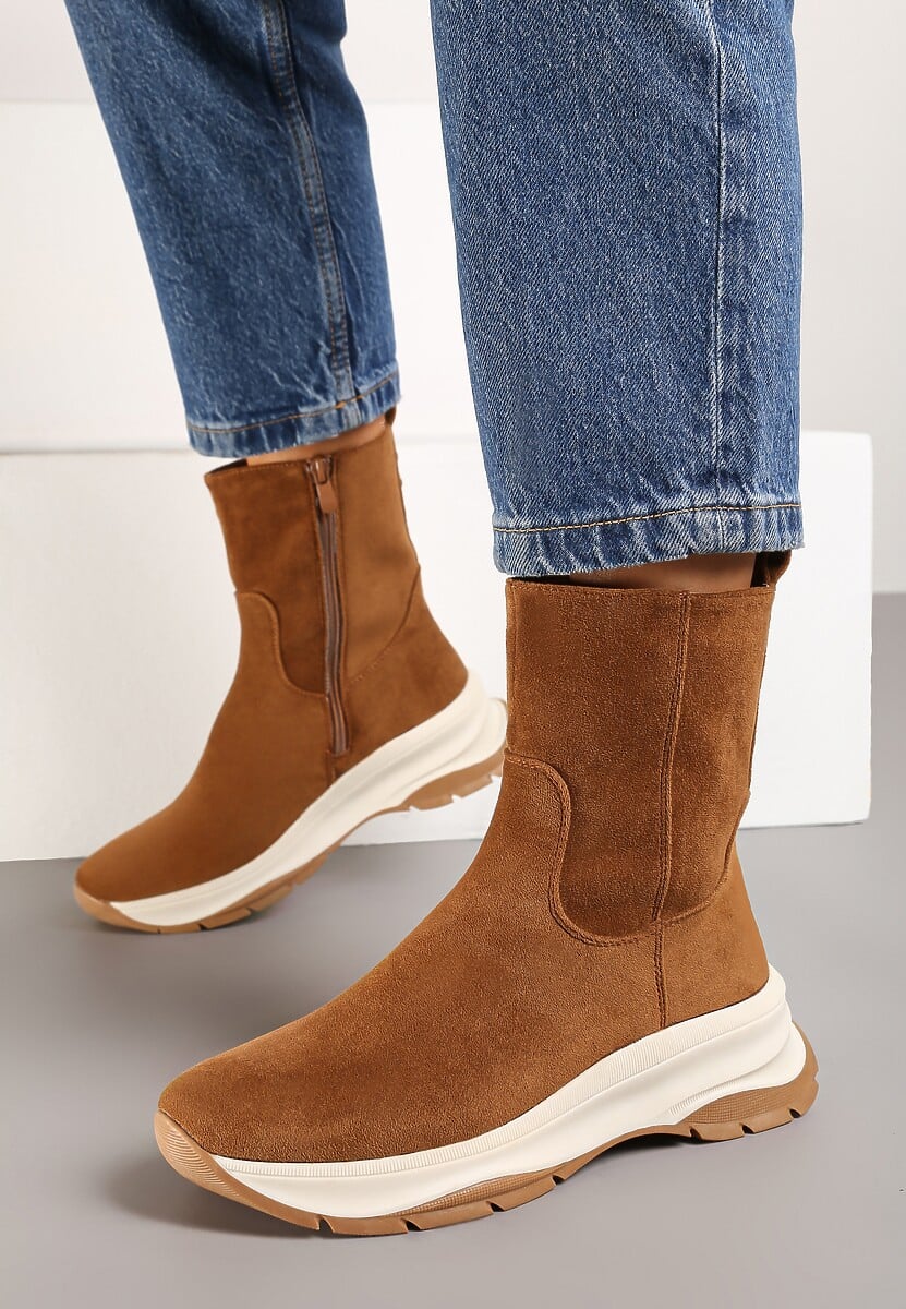 Brązowe Streetwearowe Botki z Ekozamszu na Tłoczonej Platformie Realaeth