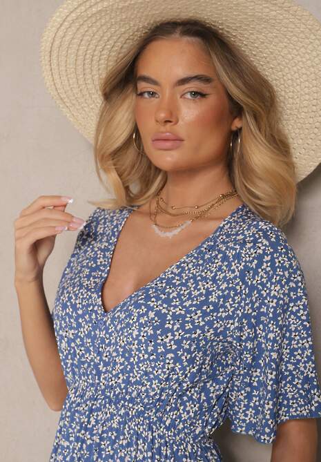 Niebieska Rozkloszowana Sukienka Bawełniana w Kwiatowy Print Ezrive