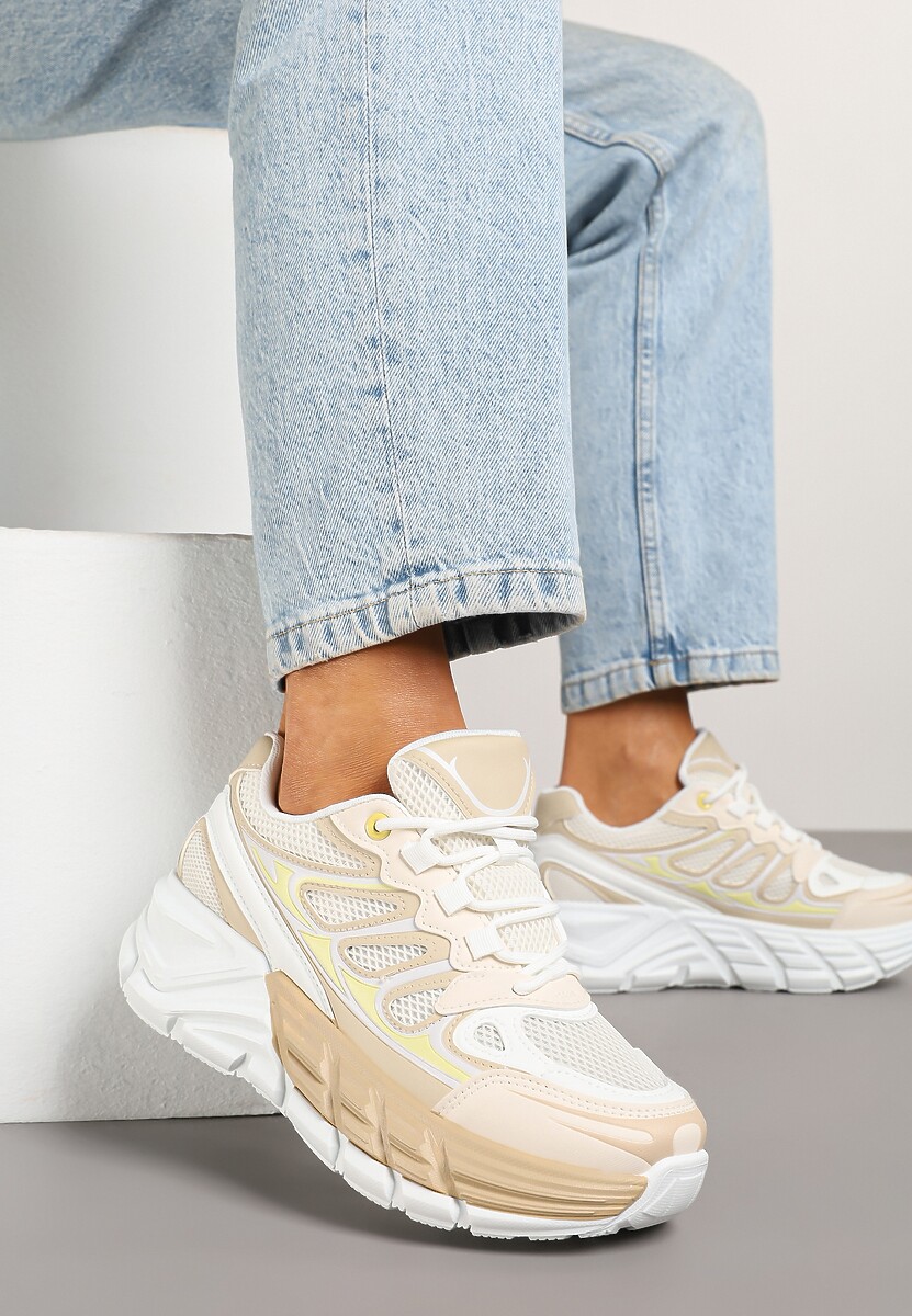 Beżowe Sneakersy Streetwearowe na Tłoczonej Platformie Tertewia