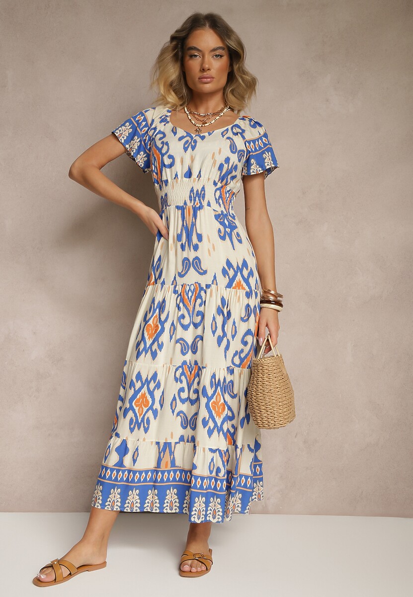 Niebieska Sukienka z Wiskozy Ozdobiona Geometrycznym Motywem Clevessa