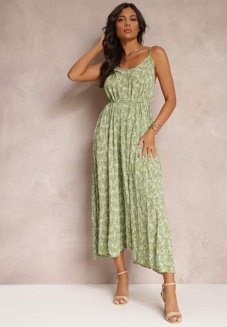 Zielona Sukienka Maxi Wiązana na Ramionach z Rozkloszowanym Dołem Matiltta