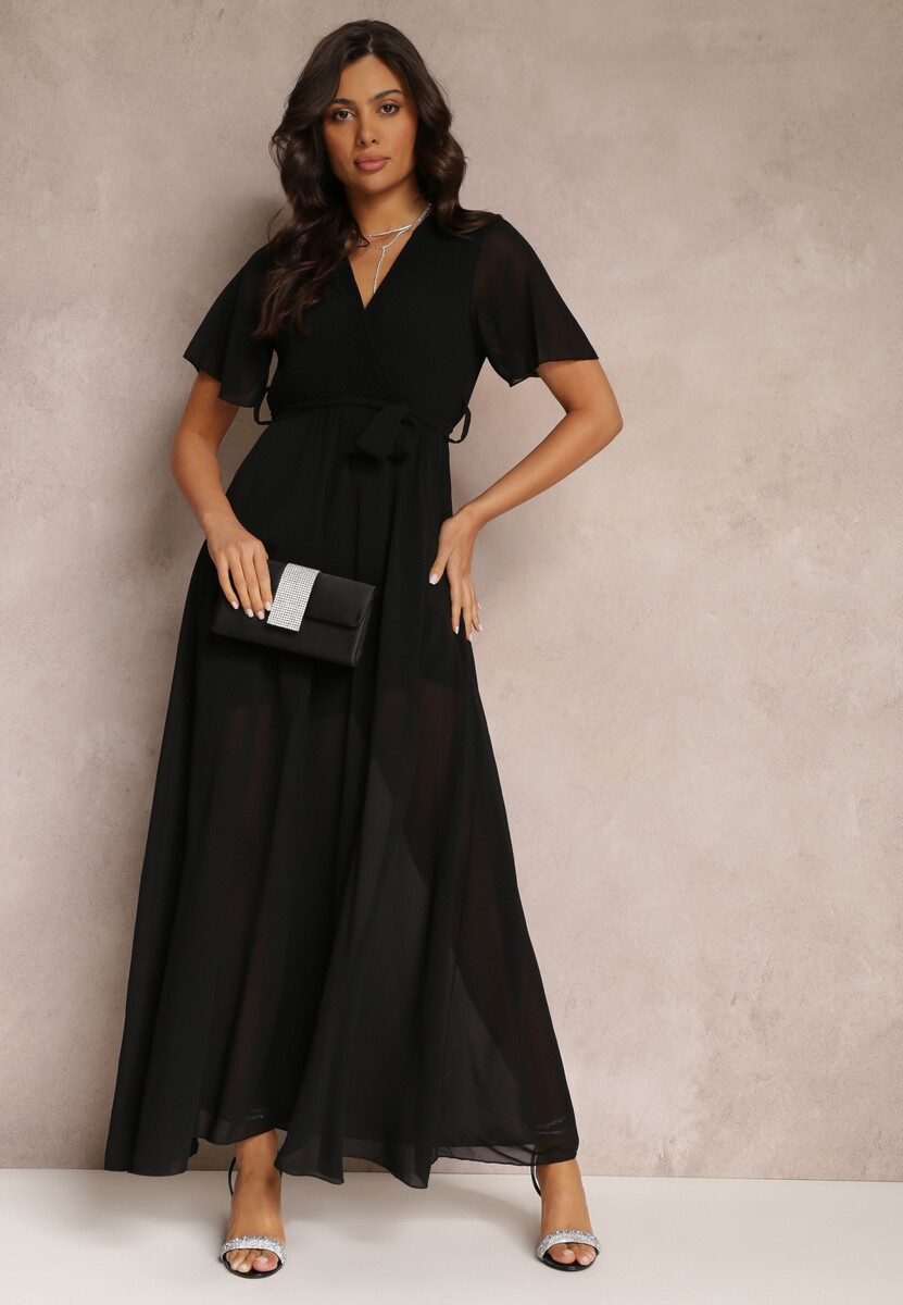 Czarna Plisowana Sukienka z Kopertowym Dekoltem i Gumką w Talii Dimitris