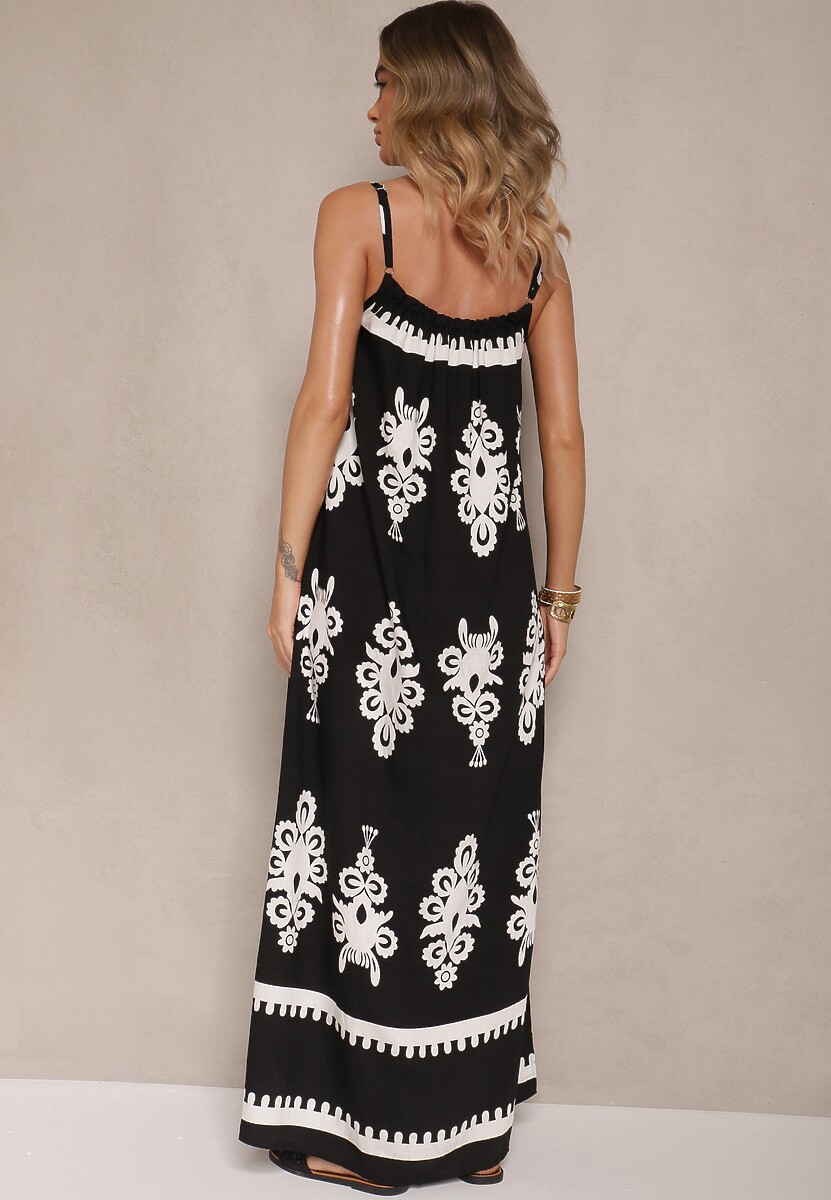 Czarna Rozkloszowana Sukienka na Ramiączkach w Ornamentalny Print Reveleine