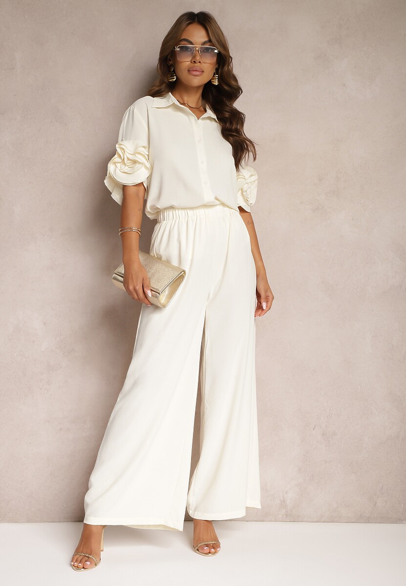 Czarny Komplet Szerokie Spodnie i Koszula z Falbanami Rivathins