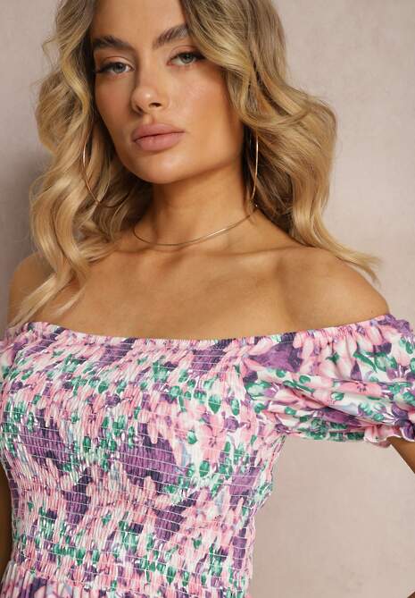 Fioletowo-Różowa Hiszpanka Sukienka o Rozkloszowanym Kroju i Gumkami przy Dekolcie Kaseria