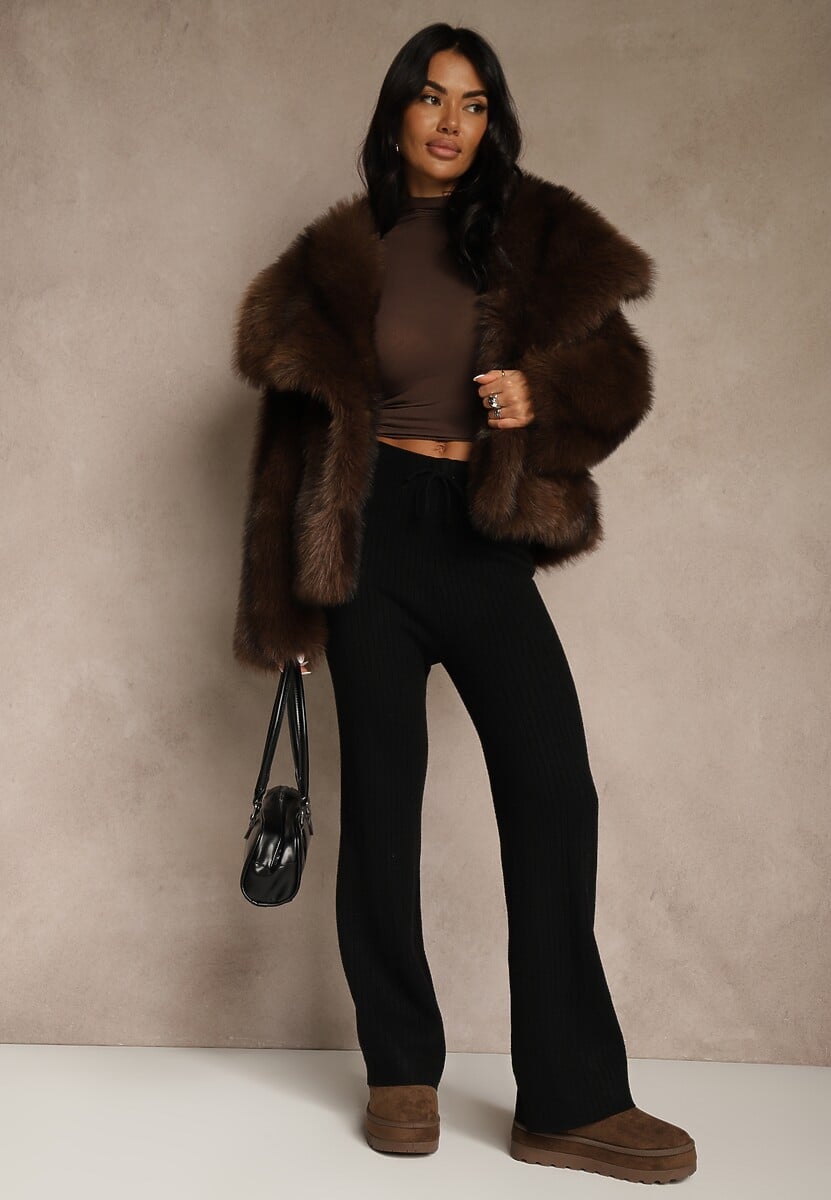 Szare Szerokie Spodnie z Wełną High Waist z Prążkowanego Materiału Reinna