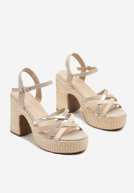 Ciemnobeżowe Sandały na Słupku i Platformie z Plecionką Tatalis