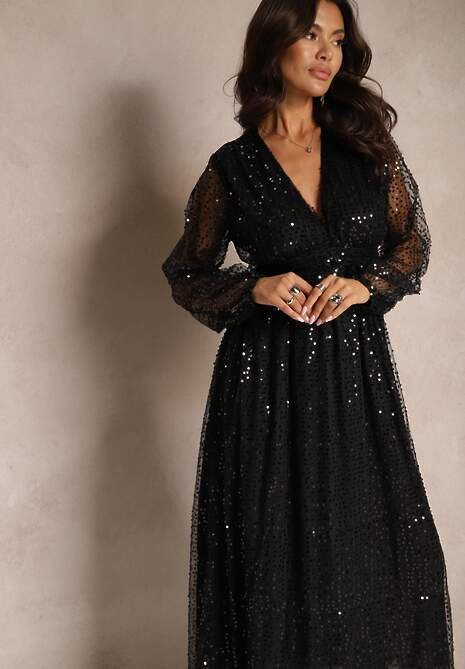 Czarna Cekinowa Sukienka Kopertowa z Siateczki o Rozkloszowanym Kroju Bonissa