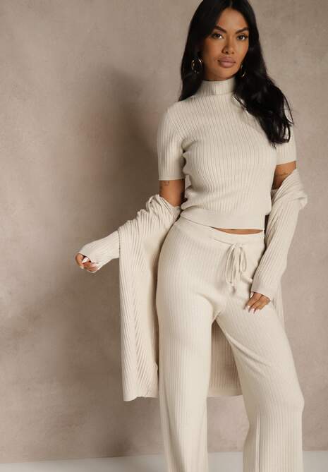 Beżowy Komplet z Dzianiny z Wiskozą Spodnie Bluzka ze Stójką i Kardigan Vetisene