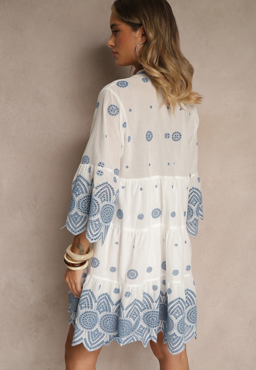Biała Pudełkowa Sukienka z Bawełny Ozdobiona Ornamentnym Wzorem Rallanea
