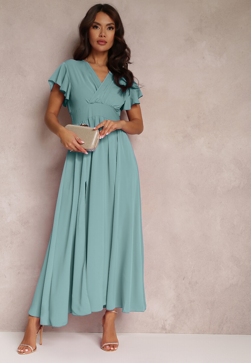 Jasnofioletowa Sukienka Rozkloszowana z Rozcięciem i Kopertowym Dekoltem Jozlyn