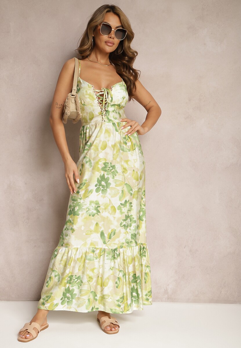 Zielona Sukienka o Rozkloszowanym Fasonie w Kwiaty z Bawełny i Wiskozy Ozdobiona Wiązaniem na Dekolcie Nasima