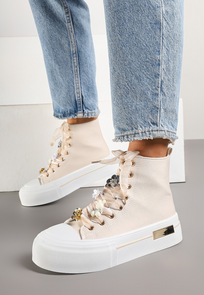Beżowe Trampki na Platformie z Wysoką Cholewką Ozdobione Cyrkoniami Fenvisa