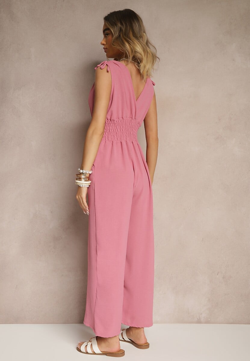 Różowy Taliowany Kombinezon z Bawełną i Kopertowym Dekoltem Lunimas